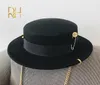 Boné preto feminino chapéu de lã britânica moda festa plana chapéu cinta de corrente e pino fedoras para mulher para punk streetstyle rh14328175