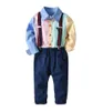 Комплект одежды для мальчиков, детская рубашка в полоску в клетку с галстуком-бабочкой и брюки на подтяжках, комплект из 2 предметов, детская одежда9255643