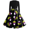 Casual Dresses Women'S Fashionable Round Neck Halloween Printed Dress With A Waist Up Green Hem And Bat Pattern Long Skirt Costume