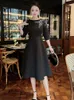 Zjyt Luxury Diamonds Black Party Dress Women Elegant Designer Three Quarter Aline Vestidos Spring Fashion 231227