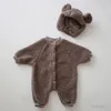Autumn Winter Toddler Cardigan Plus Velvet Warm Romper Boy Spädbarn Retro Solid Fleece Thicken Jumpsuit Girl Baby Casual 231227