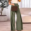 Calças femininas Mulheres Metal Buckle Lace Dobrado Split Casual High Street Versátil Moda Cor Sólida Cintura Larga Perna