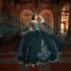 Luxury Emerald Green Quinceanera Dresses Applique Lace Beads With Cape Ball Gown Sweet 16 Year Princess For 15 vestidos de anos