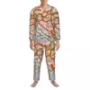 Vêtements de nuit pour hommes Vintage Automne Cartes Imprimer Surdimensionné Pyjama Ensemble Hommes À Manches Longues Kawaii Loisirs Modèle Vêtements De Nuit