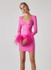 Women Winter Sexy Long Sleeve Feathers Pink Black Mini Bodycon Bandage Dress Elegant Evening Party 231227