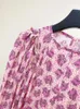 Blouses feminina Blusa Blusa azul rosa viscose de manga comprida costura de babados floral ou pontilhado