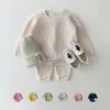 2023 Korean Baby Cotton Kintting Clothings Sets Mock Two Piece Waffle Kids Boys Girls Trackuit Tops Pants 231228