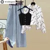 Korean Letter Print Sunscreen Chiffon Shirt Sling Vest Wide Ben Jeans Threepiece Elegant Women Pants Set Summer Outfits 231227