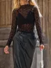 Casual Dresses Black Long Sleeve Mock Neck Sheer Lace Floral T-shirt For Women's Fitted Crop Tops