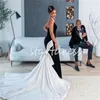 Vintage Gotik Pathcwork Balo Elbisesi Siyah Beyaz Afrika Deniz Kızı Artı Boyut Knotbow Formal Fesur ile Kadife Gece Elbise Robe Mariage Partisi Elbise Elbise De Soiree