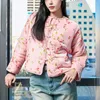 Women's Trench Coats 2023 Winter Cotton Y2k Floral Printed Silk Velvet Chinese Plate Button Round Neck Long Sleeve Thickened Warm Top