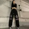 Pantalon Femme Hip Hop Vintage Femmes Pantalons de survêtement noirs Coréen Printemps Automne Streetwear Mode Impression Taille Haute Sport Pantalon Décontracté