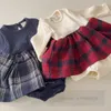 INS Infant kids splicing plaid dress romper toddler girls long sleeve jumpsuits 2024 spring baby soft cotton climb clothes Z6361