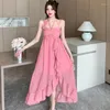 Vestidos casuais verão rosa jacquard chique praia praia de vestido de verão feminino elegante luxunhão longa vestido 2023 coreano bodycon noite
