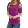 Blusies feminino Moda Summer Mulheres T-shirt Tops Solid Hollow Out Manga curta Strappy fora do ombro Roupas femininas