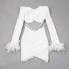 2023 Summer Women s Sky Blue White Sexy Two Piece Kirt Feather Pleated Top Pencil Celebrity Party Bandage Set 231228