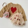 San Valentino set di vestiti per bambini ragazze amano cuore maglione lavorato a maglia pullover paillettes gonna in tulle di pizzo 2 pezzi abiti da principessa per bambini Z6376