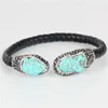 Bangle Luxury Black Leather Pave Natural Blue Turqyoises Stone End Tail Bead Charms Adjustable Open For Women