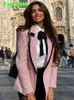 T Moda Women Elegancka tekstura podwójnie piersi Tweed Blazer Long Rleeve Pockets Coats Fash Mode Streetwear Tops 231228