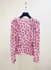 Blouses feminina Blusa Blusa azul rosa viscose de manga comprida costura de babados floral ou pontilhado