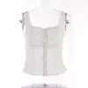 여성용 탱크 크론 스타일 여성 Y2K Square Neck Bustiers Tops 레이스 패치 워크 Camis Slim Fit Low Cut Front Buttons Up Vest Fairycore Tank