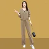 Women's Two Piece Pants Sports Suit 2023 Autumn Winter Corduroy Coat Loose And Slimming V-neck Top Straight Wide Leg Set
