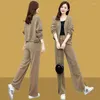 Women's Two Piece Pants 2024 Autumn Winter Sports Suit Corduroy Coat Loose And Slimming V-neck Top Straight Wide Leg Set