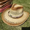 Berets Gradient ausgehöhlten handgefertigte Cowboy Lafite Strohhut Frauen Männer Sommer im Freien Reisebrandhüten Western Sonnenschattenmütze 2023