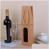 Present Wrap Kraft Paper Single Wine Bags Red Handle Packing Presentväska med Window Christmas Party Favor ZA5005 Drop Delivery Home Garden Dhaym