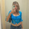 Camisetas de mujer Top con ombligo abierto de encaje con cuello cuadrado para mujer Cuello de manga abullonada Midriff-Baring