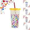 Creative love color changing cup 24oz/710ml PP beverage cold blue plastic water cups single color changing straw cup manufacturers love process 50pcs LT734