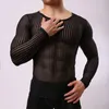 Homens camisetas Mens Stripe Undershirt Respirável Slim Malha Tees Camisa Ver através de Sheer Mangas Compridas Sexy Transparente Roupa Interior