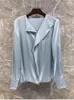 Blouses pour femmes Blouse de soie conception de mode de printemps d'été 2024 Femme Femme Femme de haute qualité V-cou Ruffle Elegant Blue White Shirt OL
