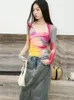 T-shirts Femmes Yedinas Fairycore Tie Dye Mesh Tops Long Sleeeve Voir à travers la chemise Femmes Vêtements Y2K Été 2023 Tee Femme Chic Grunge