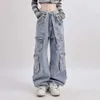 American High Street Jeans Women Spring Vintage Tide Brand Retro Multi-Pocket Decoration Casual Straight Sports Pants