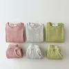 2023 Korean Baby Cotton Kintting Clothings Sets Mock Two Piece Waffle Kids Boys Girls Trackuit Tops Pants 231228