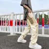 Hip Hop Khaki Cashew Flower Leg Overalls Ink Splashing In Straight Canvas Trousers Retro Cargo Pants Men