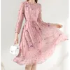 Casual Dresses Evnisi Women Elegant Floral Printing Pink Dress Långärmad Slim A-Line Office Vestido Autumn Winter 2023