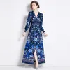 Blauwe elegante maxi-jurk in rechtbankstijl, vintage print, V-hals, enkele rij knopen, jurk met hoge taille, lantaarnmouwen, Boho lange gewaden