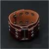 Bracciale rigido in pelle con rivetti larghi, polsino multistrato, pulsante avvolgente, braccialetto regolabile, per uomo, donna, gioielli di moda, goccia Dhgarden Dho4K