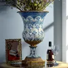 Vasos azuis e brancos de cobre puro revestimento de cerâmica grande pó de flor de luxo de luxo de luxo Ornamento