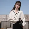 Damesgebreide Chinese stijl V-hals Pofmouwen Dames Wit vest Korte lengte Hoge taille Gebreide truien Jassen Y2k Elegant Slim Fit