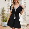 Abiti vintage da donna mini casual moda estiva solido scollo a V abito con lacci allentati abiti da spiaggia a maniche corte femminili