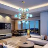 Moderne Murano-glas Spoetnik-kroonluchter - 12 lichtblauwe en gouden kristallen In hoogte verstelbare plafondlampen voor hotelkeuken eetkamer woonkamer slaapkamer