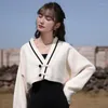 Damesgebreide Chinese stijl V-hals Pofmouwen Dames Wit vest Korte lengte Hoge taille Gebreide truien Jassen Y2k Elegant Slim Fit