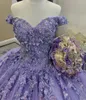 Quinceanera Robes Lavande Fête Bal Robe De Bal Applique Perlée Personnalisé Fermeture À Glissière À Lacets Grande Taille Nouveau Tulle 3D Floral Appliques Paillettes Hors-Épaule