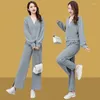 Women's Two Piece Pants 2024 Autumn Winter Sports Suit Corduroy Coat Loose And Slimming V-neck Top Straight Wide Leg Set