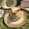 Berety gradient wydrążony ręcznie robiony kowboj Lafite słomy kapelusz kobiety letnie na świeżym powietrzu podróżne czapki zachodnie sunshade cap 2023