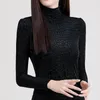 Mulheres camisetas Mulheres Coreano Moda Gola Alta Sexy Brilhante Seda Elegante Pelúcia Camisa Básica Outono Inverno Preto Manga Longa Slim Pullvoer