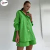 여자 트랙 슈트 풀 라보 캐주얼 여성 짧은 세트 트랙 슈트 라운지웨어 2 조각 의상 대형 긴 셔츠와 하이 허리 반바지 녹색